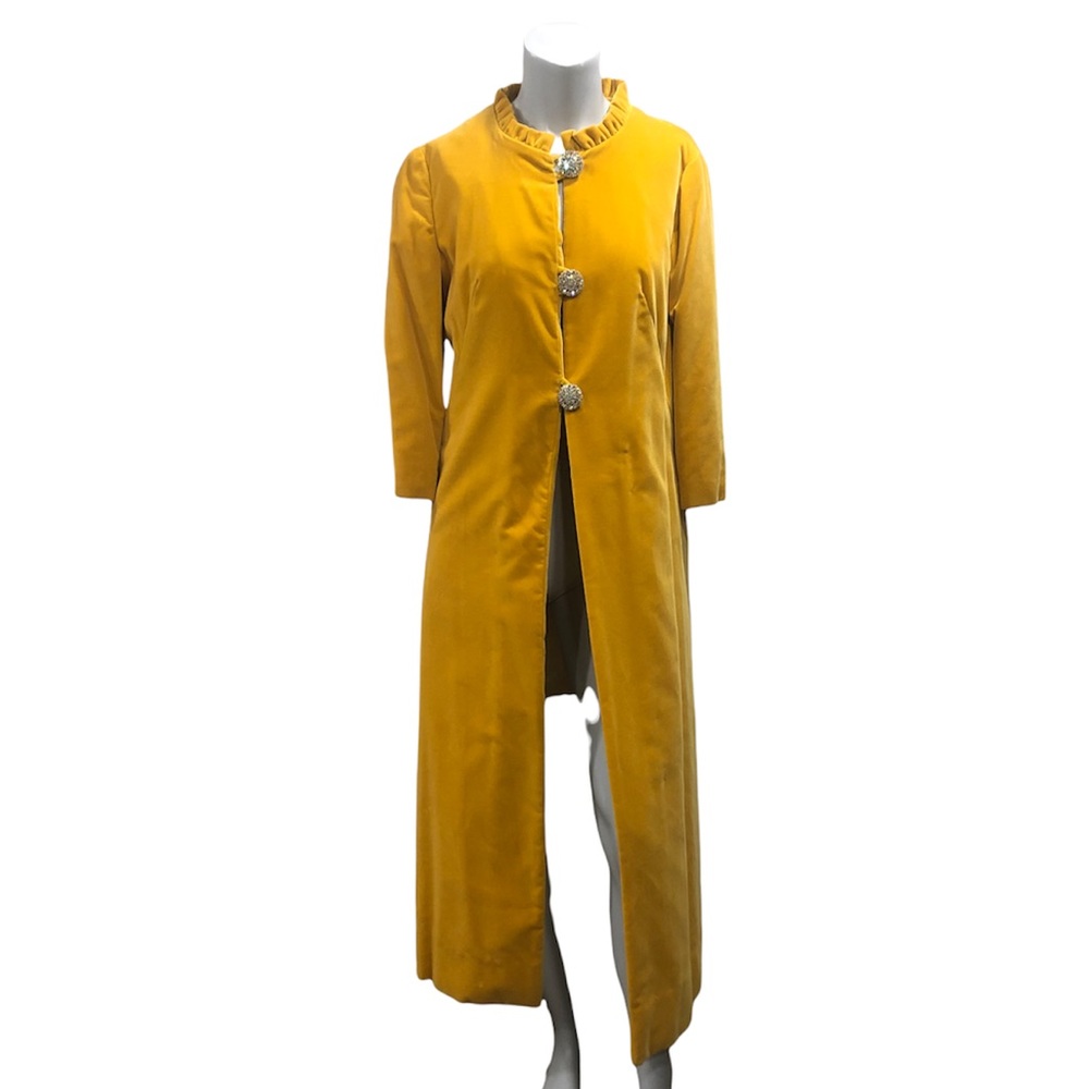 30s Vintage Velvet Mustard Long Jacket Ruffle Collar S/M